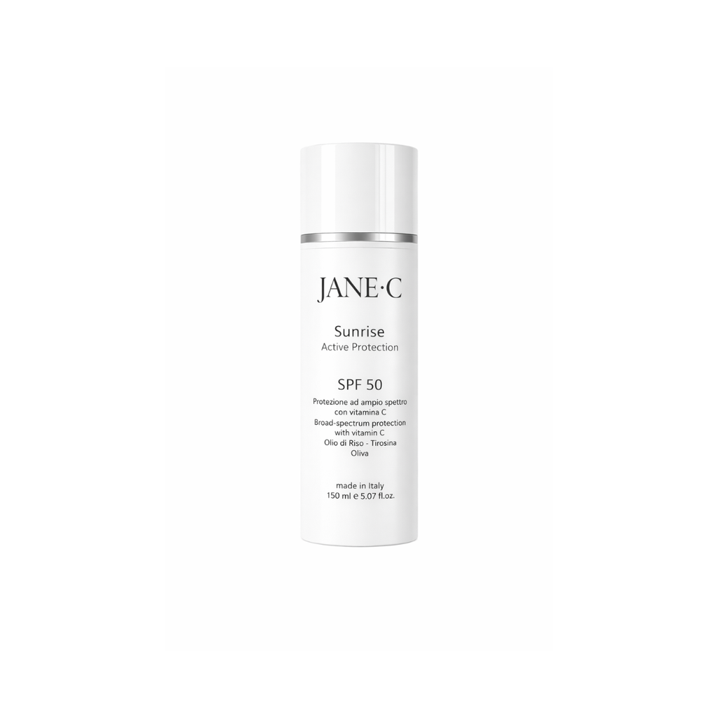 JANE•C Crema Solare Viso SPF 50+ •150ml • Invisibile•Dry touch• con Vitamina C, E e Olio di Riso–Sunrise Active Protection filtri UVA/UVB• Ispirata alla Skincare coreana–Uso Quotidiano, Made in Italy