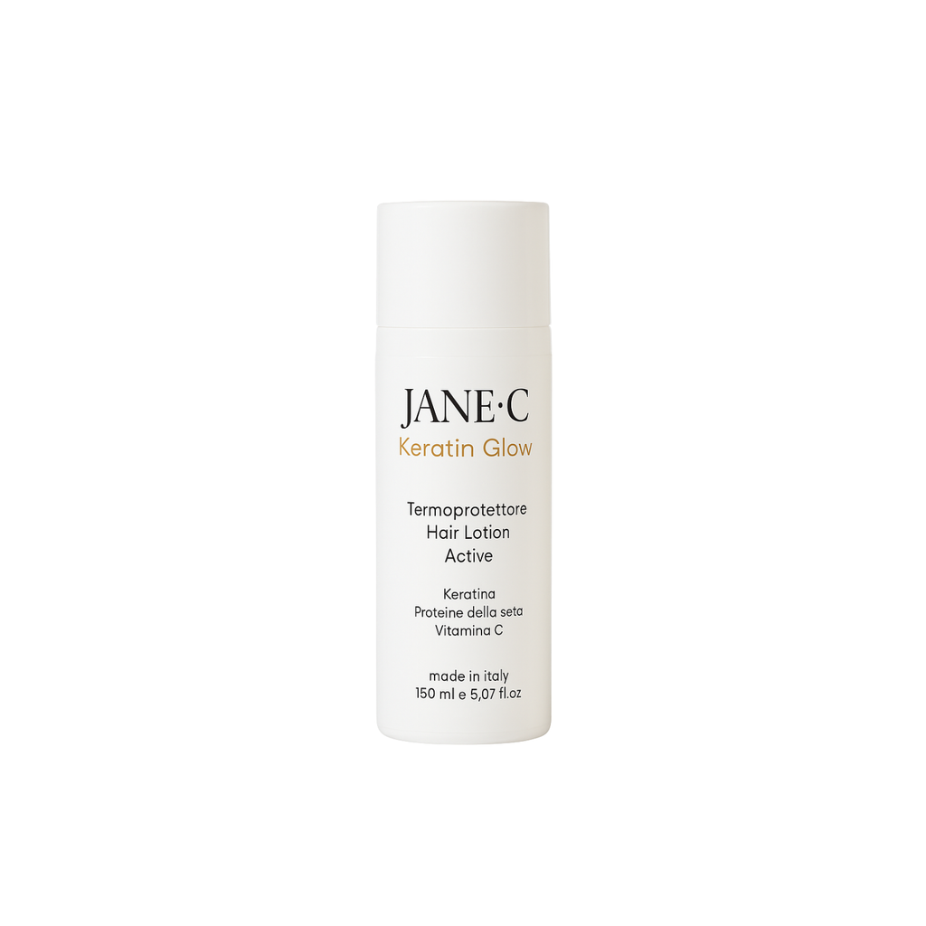 JANE•C Termoprotettore Ristrutturante alla Cheratina e Vit C, Crema-Lotion Professionale 230°, Anti-Crespo, Protezione da Piastra e Phon, per Capelli Secchi, Danneggiati o Trattati–150ml Made in Italy