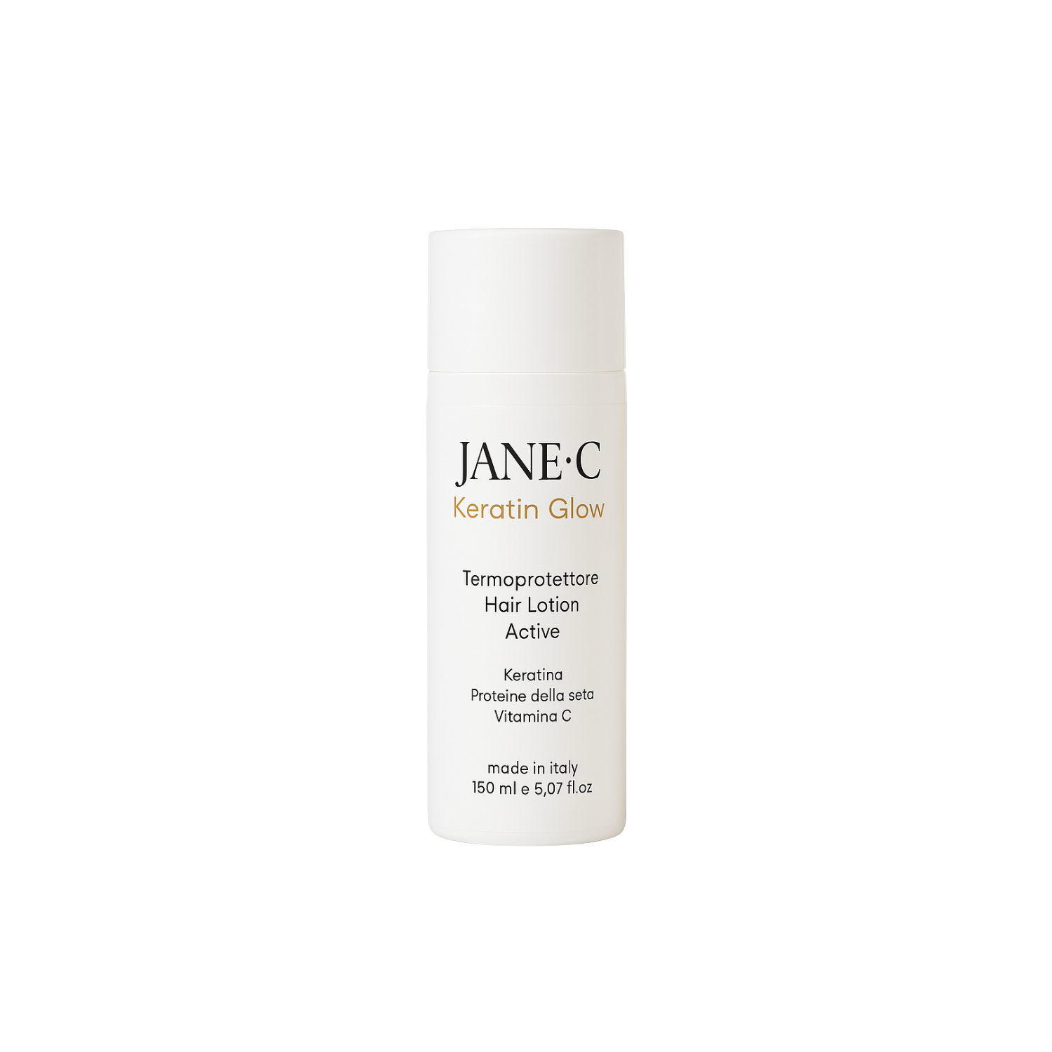 JANE•C Termoprotettore Ristrutturante alla Cheratina e Vit C, Crema-Lotion Professionale 230°, Anti-Crespo, Protezione da Piastra e Phon, per Capelli Secchi, Danneggiati o Trattati–150ml Made in Italy