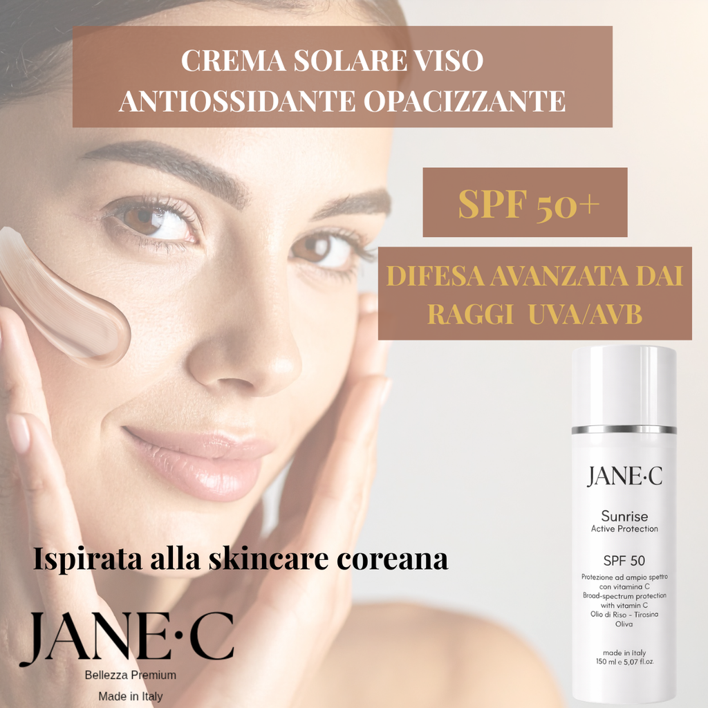 JANE•C Crema Solare Viso SPF 50+ •150ml • Invisibile•Dry touch• con Vitamina C, E e Olio di Riso–Sunrise Active Protection filtri UVA/UVB• Ispirata alla Skincare coreana–Uso Quotidiano, Made in Italy