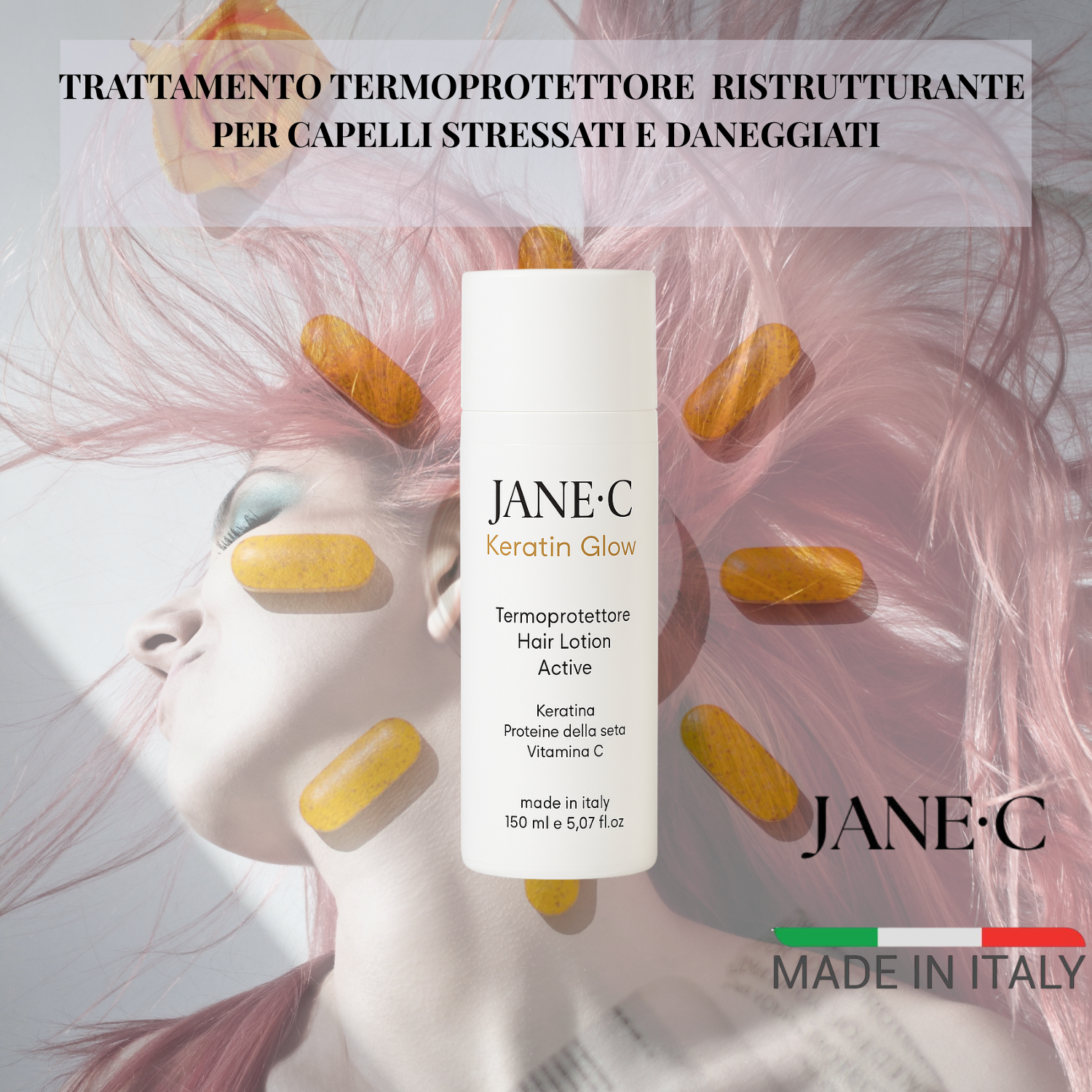 JANE•C Termoprotettore Ristrutturante alla Cheratina e Vit C, Crema-Lotion Professionale 230°, Anti-Crespo, Protezione da Piastra e Phon, per Capelli Secchi, Danneggiati o Trattati–150ml Made in Italy