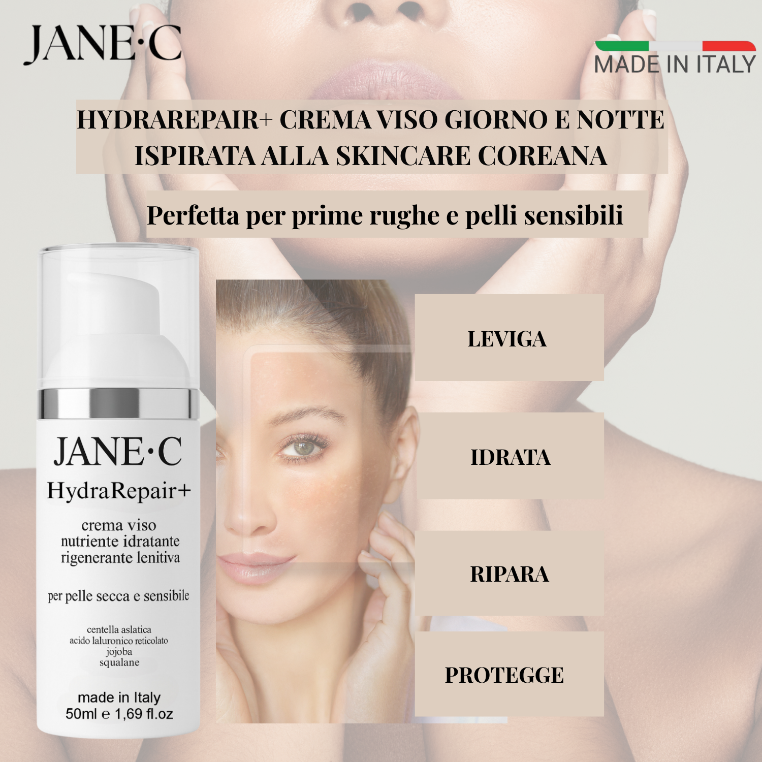 Jane•C HydraRepair+ Crema viso lenitiva con Centella asiatica – skincare coreana-Rigenerante con Peptidi e acido ialuronico -Rinforza la barriera cutanea- pelle secca e sensibile- Made in Italy- 50 ml