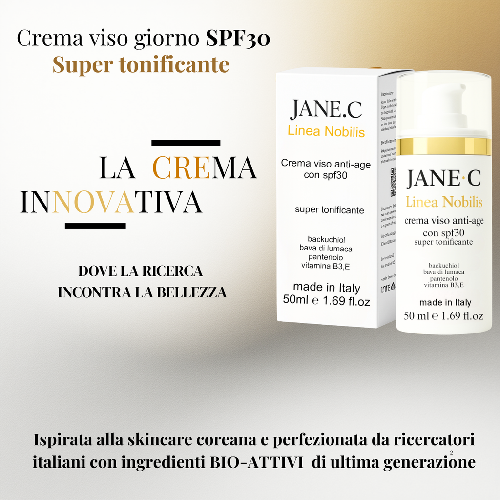JANE•C Crema Viso Antirughe Super tonificante con SPF30 –Skincare Coreana Anti-Age con Bava di Lumaca, Retinolo Vegetale Acido Ialuronico e Pantenolo e vit E– Per pelle sensibile-50ml Made in Italy