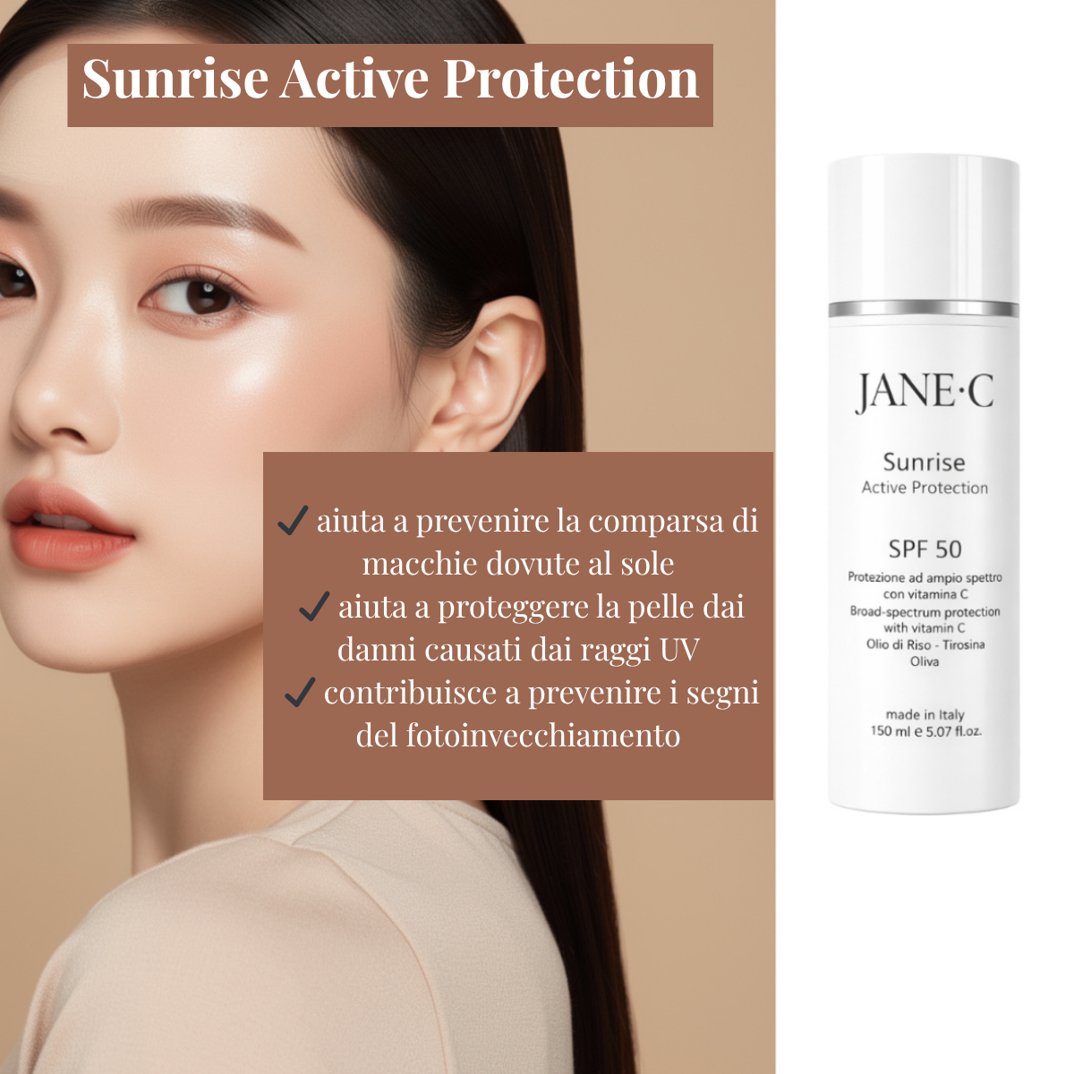 JANE•C Crema Solare Viso SPF 50+ •150ml • Invisibile•Dry touch• con Vitamina C, E e Olio di Riso–Sunrise Active Protection filtri UVA/UVB• Ispirata alla Skincare coreana–Uso Quotidiano, Made in Italy