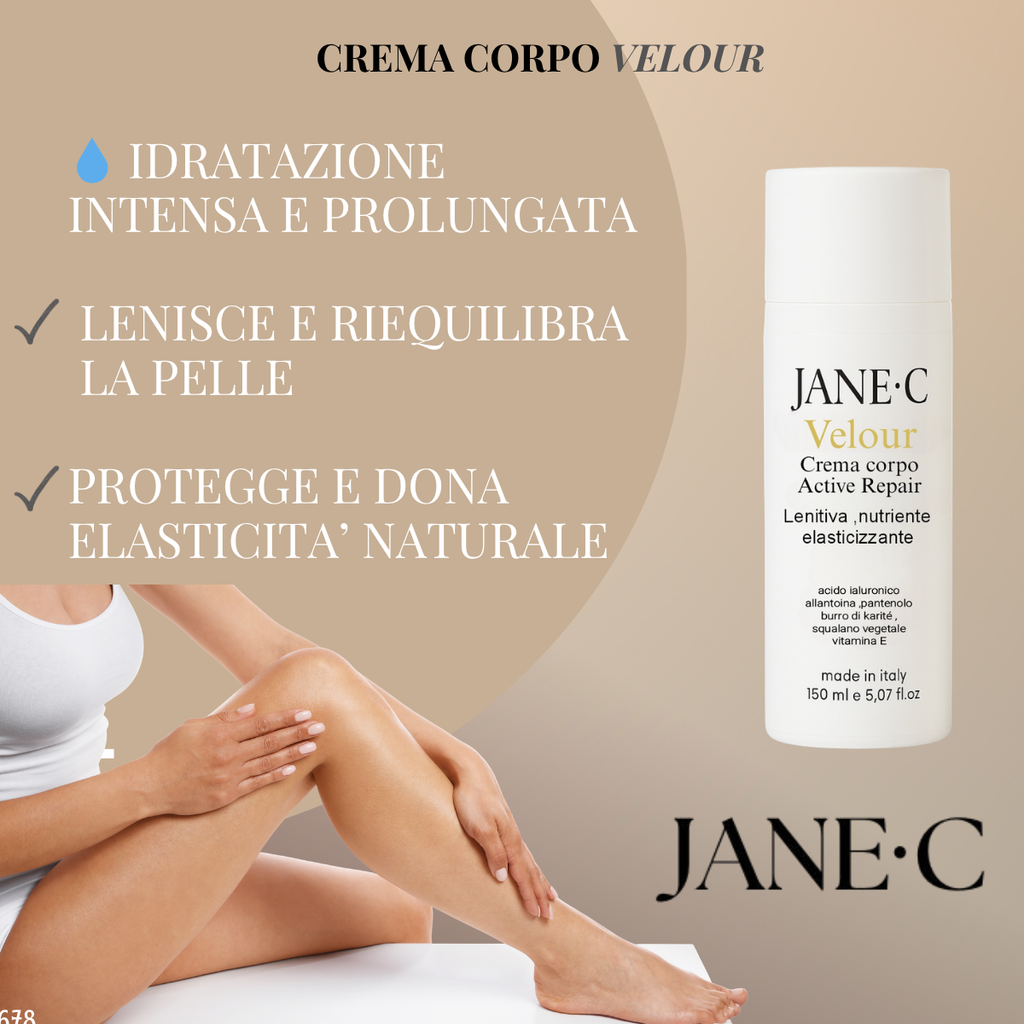 JANE•C Velour – Crema Corpo Ultra Idratante •Rigenerante e Lenitiva a Rapido Assorbimento • Con Acido Ialuronico, Pantenolo e Vitamina E • Ideale per pelle secca e sensibile • Made in Italy –150 ml