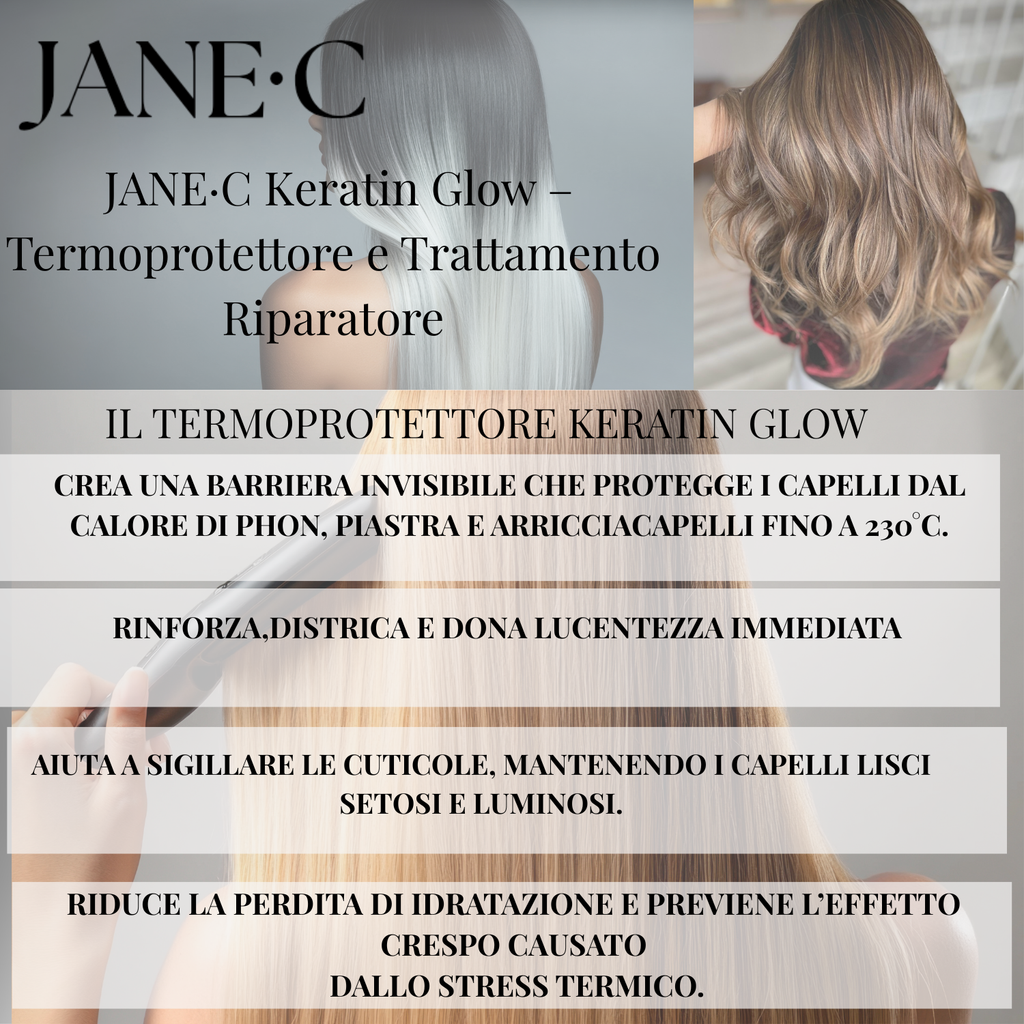 JANE•C Termoprotettore Ristrutturante alla Cheratina e Vit C, Crema-Lotion Professionale 230°, Anti-Crespo, Protezione da Piastra e Phon, per Capelli Secchi, Danneggiati o Trattati–150ml Made in Italy