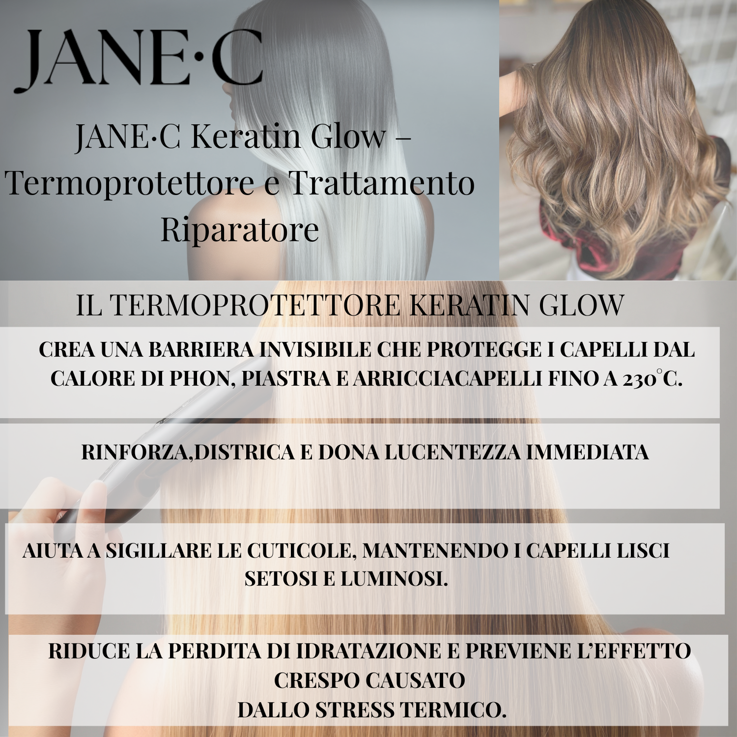 JANE•C Termoprotettore Ristrutturante alla Cheratina e Vit C, Crema-Lotion Professionale 230°, Anti-Crespo, Protezione da Piastra e Phon, per Capelli Secchi, Danneggiati o Trattati–150ml Made in Italy