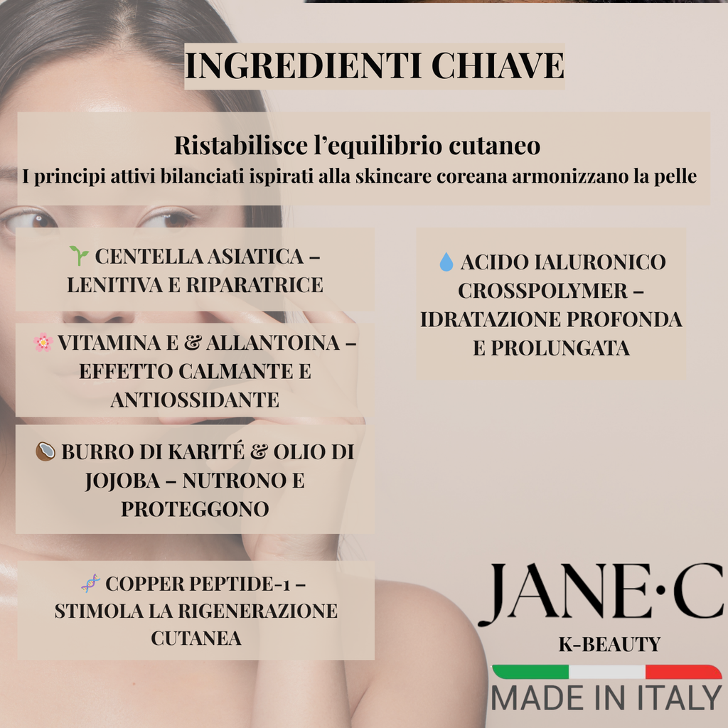 Jane•C HydraRepair+ Crema viso lenitiva con Centella asiatica – skincare coreana-Rigenerante con Peptidi e acido ialuronico -Rinforza la barriera cutanea- pelle secca e sensibile- Made in Italy- 50 ml