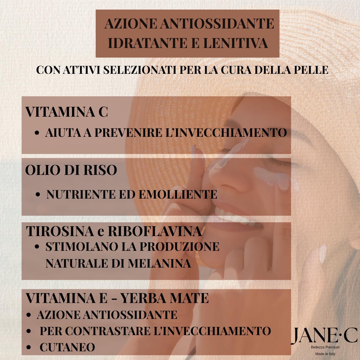 JANE•C Crema Solare Viso SPF 50+ •150ml • Invisibile•Dry touch• con Vitamina C, E e Olio di Riso–Sunrise Active Protection filtri UVA/UVB• Ispirata alla Skincare coreana–Uso Quotidiano, Made in Italy