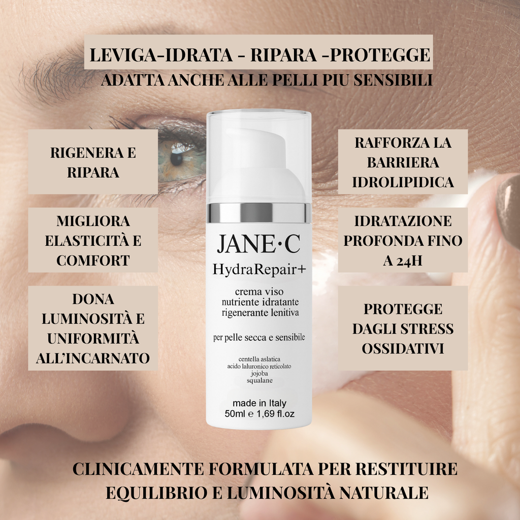 Jane•C HydraRepair+ Crema viso lenitiva con Centella asiatica – skincare coreana-Rigenerante con Peptidi e acido ialuronico -Rinforza la barriera cutanea- pelle secca e sensibile- Made in Italy- 50 ml