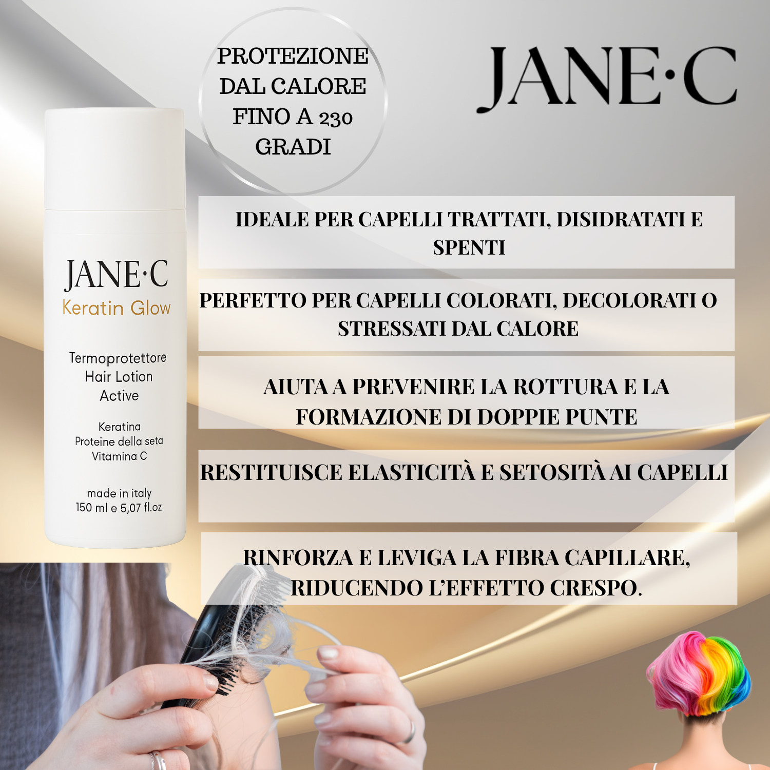 JANE•C Termoprotettore Ristrutturante alla Cheratina e Vit C, Crema-Lotion Professionale 230°, Anti-Crespo, Protezione da Piastra e Phon, per Capelli Secchi, Danneggiati o Trattati–150ml Made in Italy