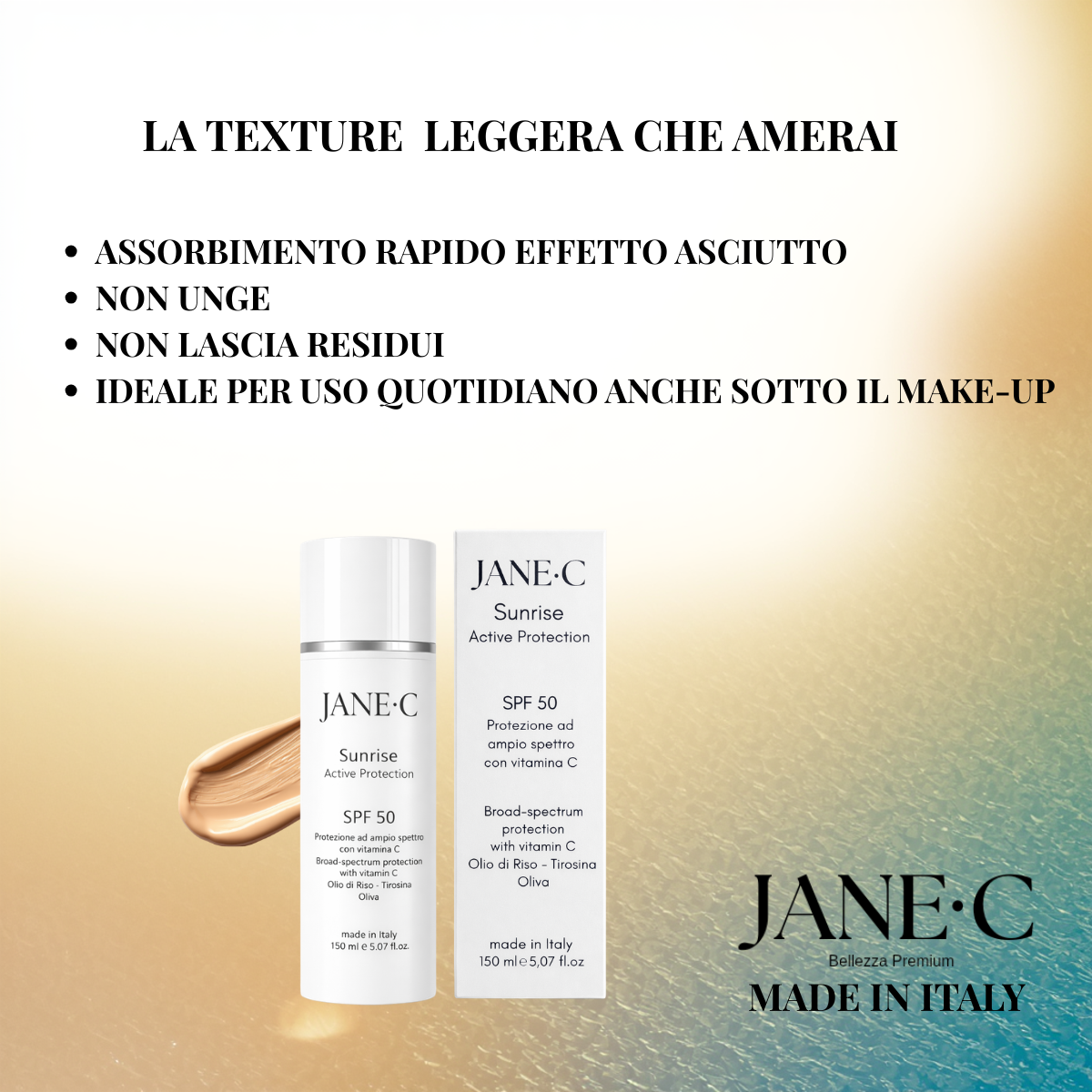 JANE•C Crema Solare Viso SPF 50+ •150ml • Invisibile•Dry touch• con Vitamina C, E e Olio di Riso–Sunrise Active Protection filtri UVA/UVB• Ispirata alla Skincare coreana–Uso Quotidiano, Made in Italy