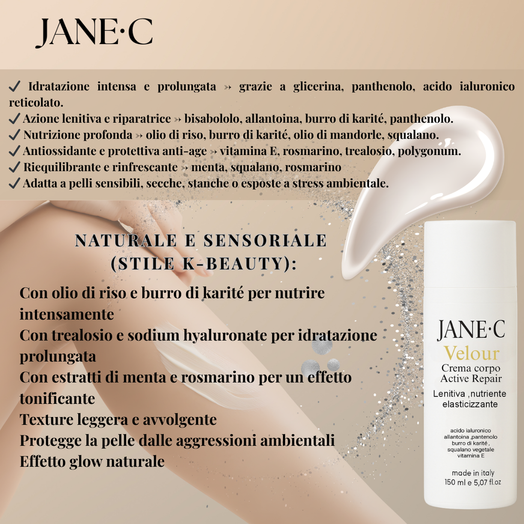 JANE•C Velour – Crema Corpo Ultra Idratante •Rigenerante e Lenitiva a Rapido Assorbimento • Con Acido Ialuronico, Pantenolo e Vitamina E • Ideale per pelle secca e sensibile • Made in Italy –150 ml
