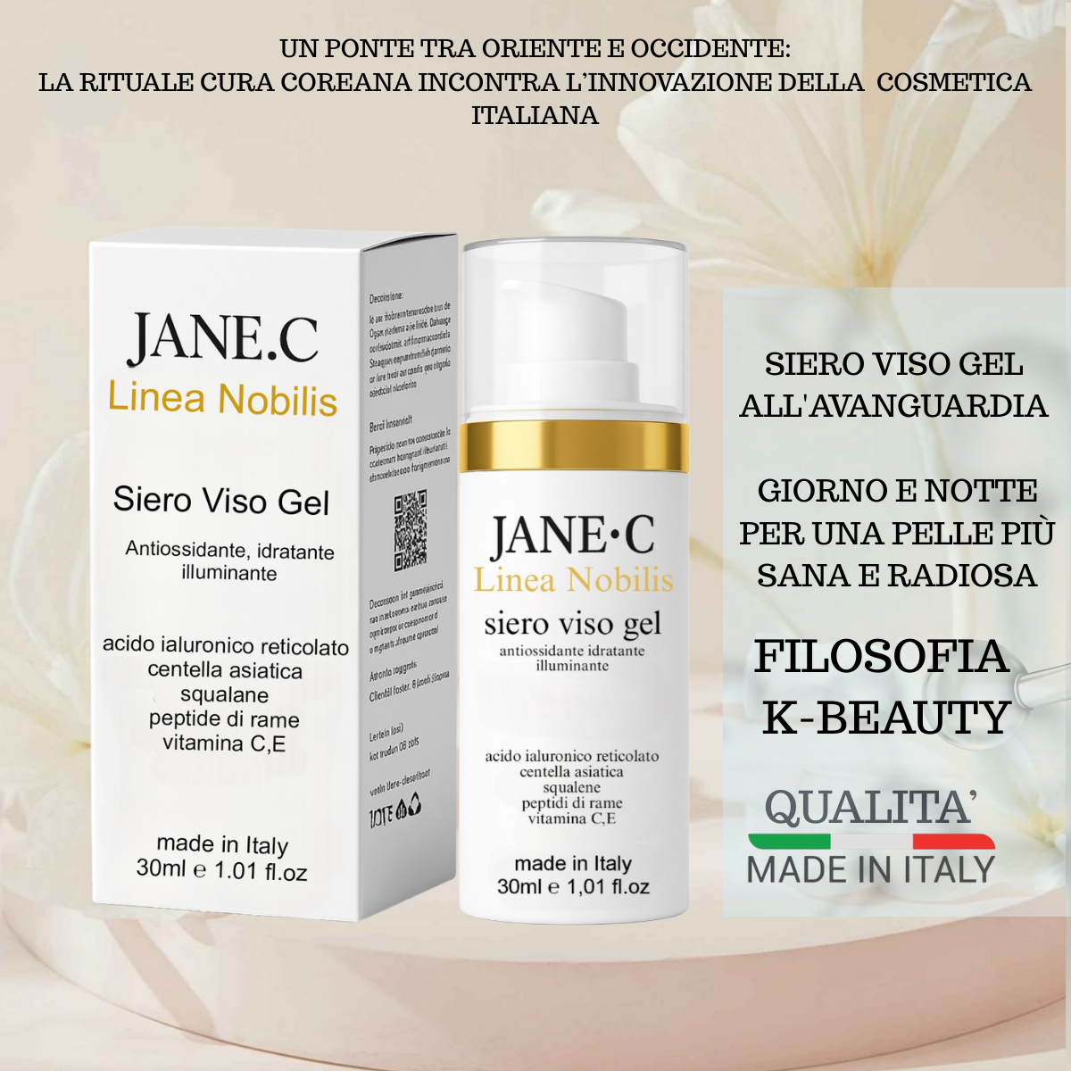 JANE•C Siero Viso Antiage- Centella Asiatica Peptidi Vitamina C- Skincare Coreana- Siero Antimacchia- Illuminante.Pelle mista e grassa,Made in Italy,30 ml