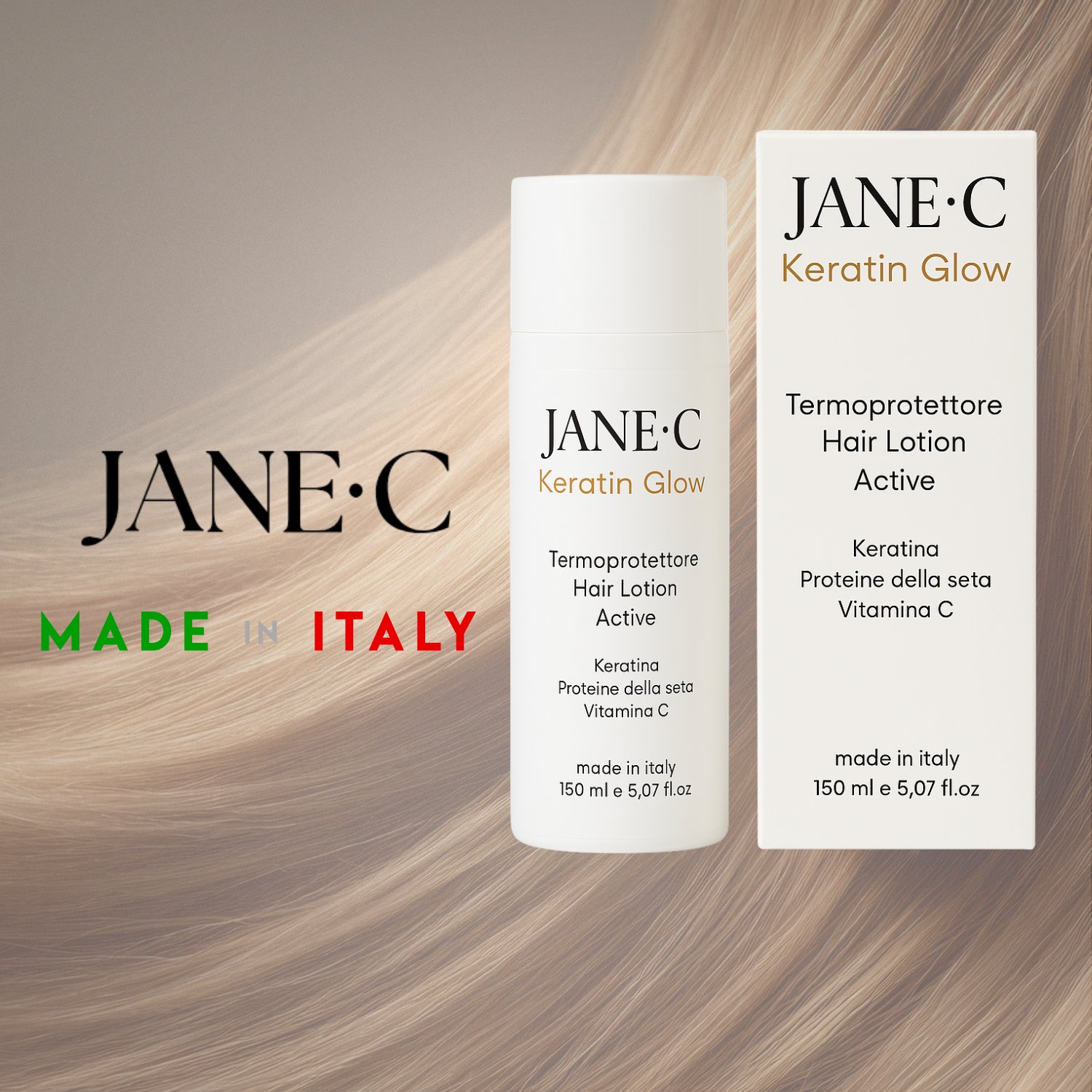 JANE•C Termoprotettore Ristrutturante alla Cheratina e Vit C, Crema-Lotion Professionale 230°, Anti-Crespo, Protezione da Piastra e Phon, per Capelli Secchi, Danneggiati o Trattati–150ml Made in Italy