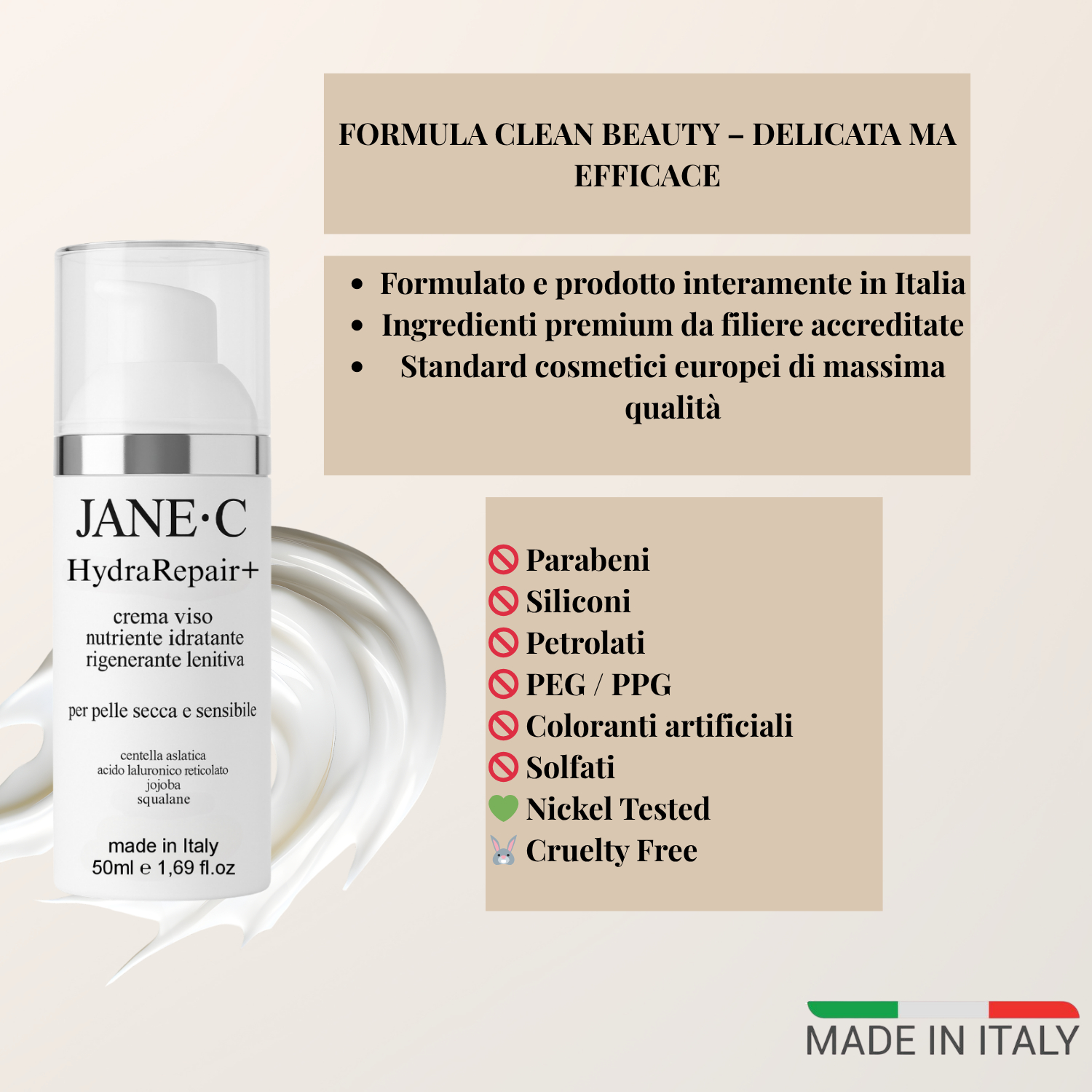 Jane•C HydraRepair+ Crema viso lenitiva con Centella asiatica – skincare coreana-Rigenerante con Peptidi e acido ialuronico -Rinforza la barriera cutanea- pelle secca e sensibile- Made in Italy- 50 ml