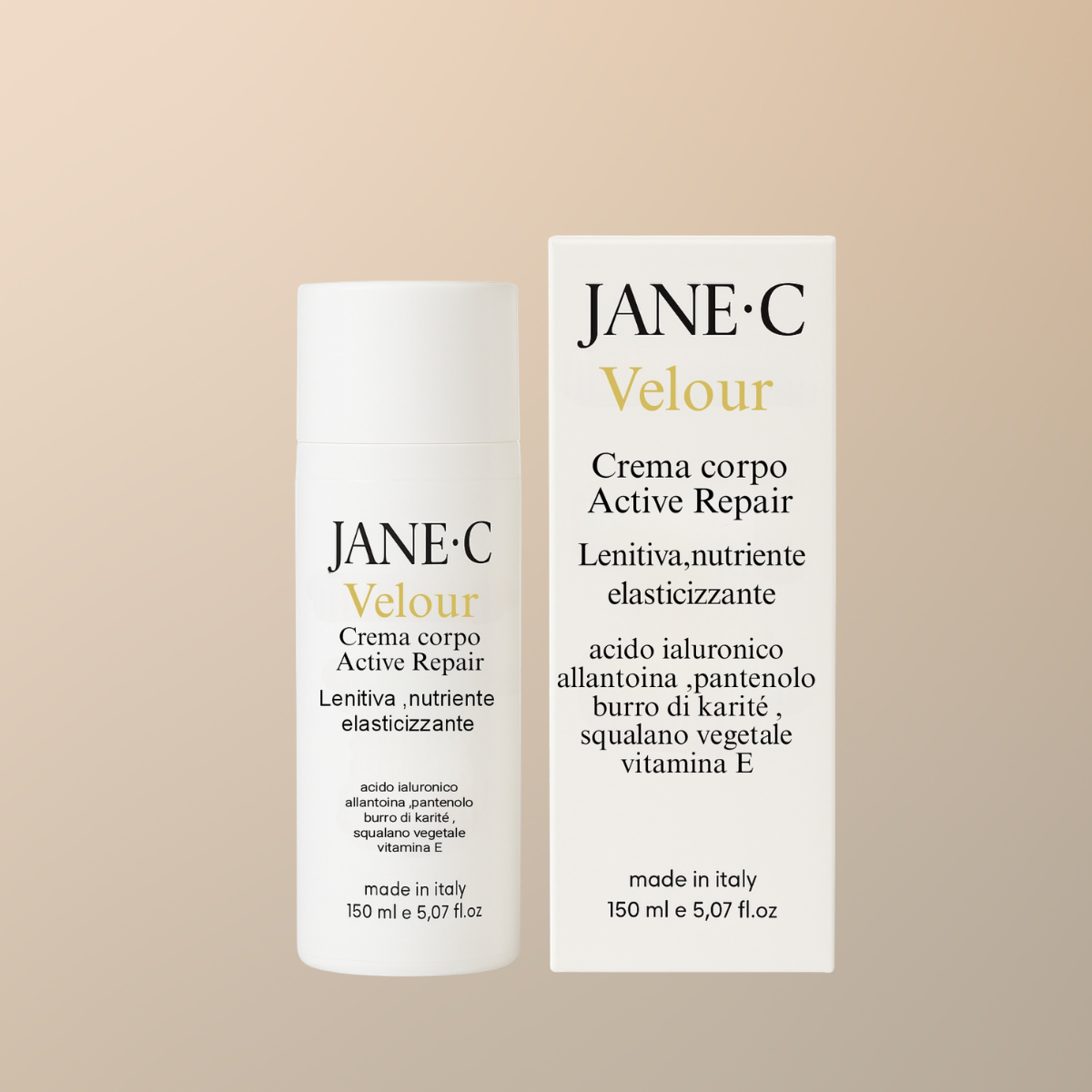 JANE•C Velour – Crema Corpo Ultra Idratante •Rigenerante e Lenitiva a Rapido Assorbimento • Con Acido Ialuronico, Pantenolo e Vitamina E • Ideale per pelle secca e sensibile • Made in Italy –150 ml