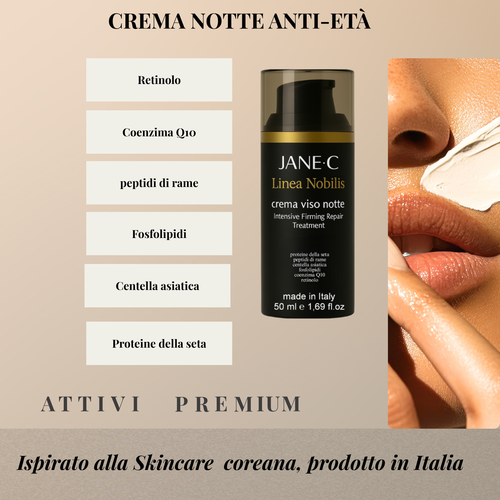 JANE•C Crema Viso Notte Antirughe – Crema Notte Rigenerante e Levigante, Anti-Age Intensiva con Retinolo, Coenzima Q10, Centella Asiatica e Fosfolipidi – Skincare Coreana – 50 ml – Made in Italy